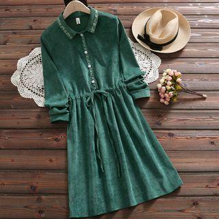 Long-sleeve Embroidered A-line Collared Dress