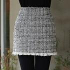 Fringe-hem H-line Tweed Miniskirt