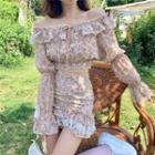 Long-sleeve Off-shoulder Floral Print Top / Slim-fit Skirt