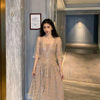 3/4-sleeve Sequined Mesh A-line Midi Dress / Sleeveless Dress