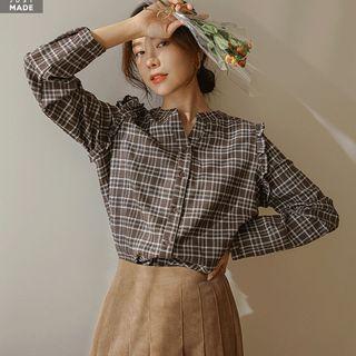 Open-placket Frilled Plaid Blouse