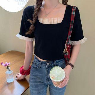 Frilled Trim Square Collar Cropped Top Black - One Size