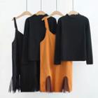 Set: Mock-neck Long-sleeve Knit Top + Mesh Panel Pinafore Dress