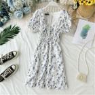 V-neck Lace-up Floral Print Chiffon Dress White - One Size