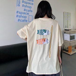 Elbow-sleeve Carp Fish Printed T-shirt