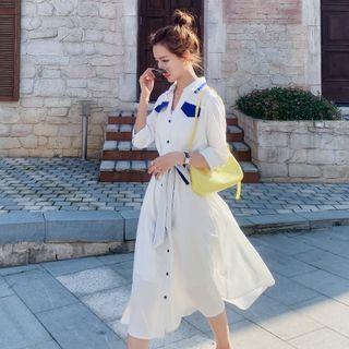 Elbow-sleeve Contrast Trim Midi Shirtdress