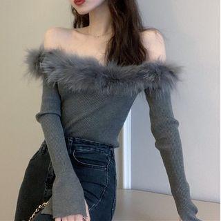 Fluffy Trim Off Shoulder Knit Top