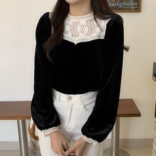 Long-sleeve Lace Panel Blouse Black - One Size