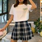 Elbow-sleeve Lettering T-shirt / Plaid Mini A-line Skirt / Set