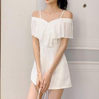 Short-sleeve Cold Shoulder Pleated Playsuit