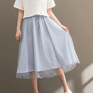 Mesh Overlay Striped A-line Midi Skirt