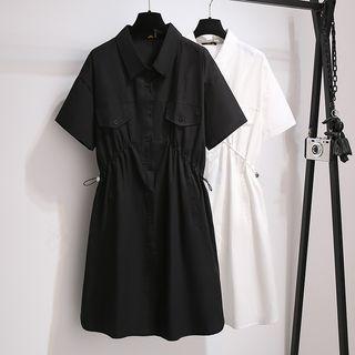 Short Sleeve Drawstring Waist Plain Shirt Dress