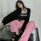 Lettering Tube Top / Plain Cardigan / High-waist Plain Straight-cut Pants