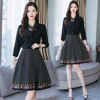 Set: 3/4-sleeve Tie-neck Blouse + Print A-line Skirt