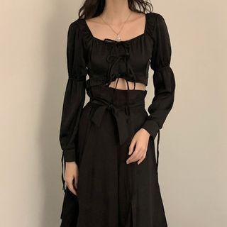 Set: Lace Trim Camisole Top + Square-neck Cropped Blouse