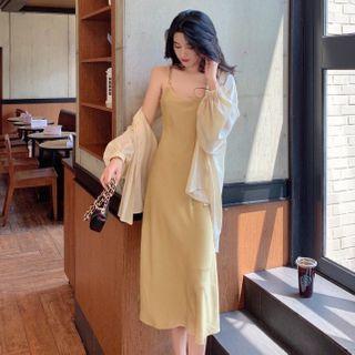 Lantern-sleeve Blouse / Spaghetti Strap Midi Shift Dress