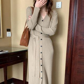 Long Sleeve V Neck Ribbed Lace-up Knit Dress