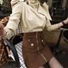 Set: Puff-sleeve Blouse + Front Zip A-line Skirt