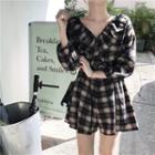 Long-sleeve Plaid Ruffled V-neck Romper