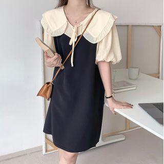 Mock Two-piece Puff-sleeve Collared Dress