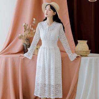 Long-sleeve Gathered-waist Lace Dress