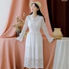 Long-sleeve Gathered-waist Lace Dress