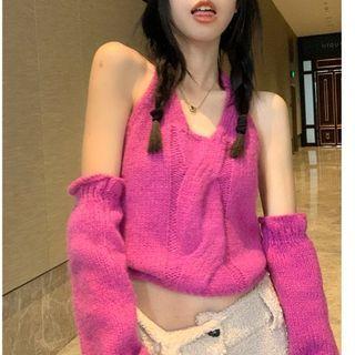 Set: Halter Knit Crop Top + Arm Sleeves