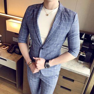 Set : Plaid Elbow-sleeve Blazer + Pants