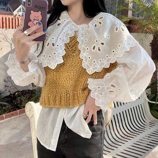 Puff-sleeve Eyelet Lace Blouse / Sweater Vest