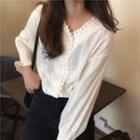 Balloon-sleeve Floral Embroidered Blouse As Shown In Figure - One Size