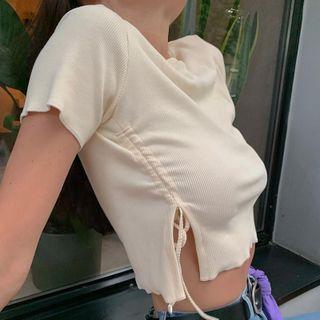 Short-sleeve Drawstring Slit Cropped T-shirt