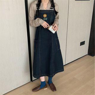 Flower Embroidered Denim Midi Jumper Dress / Collared Sweater