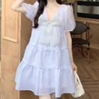 Puff-sleeve Bow-front Tiered Mini A-line Dress
