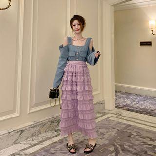 Long-sleeve Cold Shoulder Knit Top / Tiered Midi Skirt