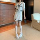 Short-sleeve Contrast Trim Cardigan / A-line Mini Skirt
