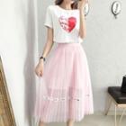 Set: Heart Print Short Sleeve T-shirt Dress+ Midi Mesh Skirt
