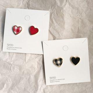 Non-matching Plaid & Plain Fabric Heart Earring