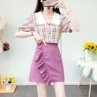 Set: Balloon-sleeve Plaid Blouse + Ruffled A-line Skirt