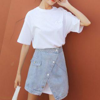 Set: Crew-neck Short-sleeve T-shirt Dress + Denim Skirt