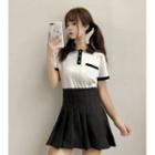 Short-sleeve Polo Shirt / Mini A-line Pleated Skirt