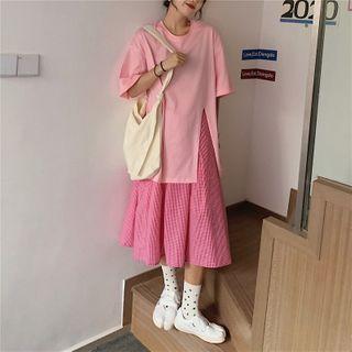 Slit Elbow-sleeve T-shirt / Plaid Midi A-line Skirt