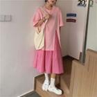 Slit Elbow-sleeve T-shirt / Plaid Midi A-line Skirt