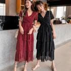 Short-sleeve Layered Maxi A-line Dress