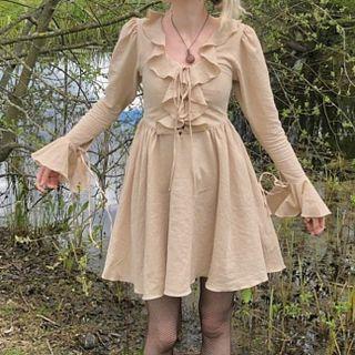 Long-sleeve Ruffle Trim Drawstring Mini Dress