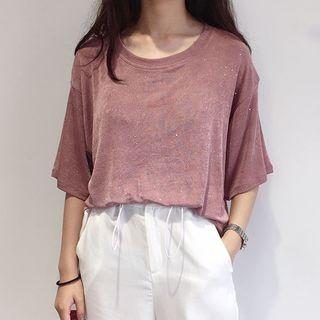 Elbow-sleeve Glitter Print T-shirt