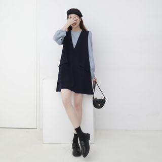 Puff-sleeve Paneled A-line Dress Navy Blue - One Size