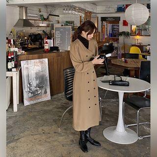 N-neck Double-breasted Pintuck Long Dress