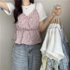 Mock Two-piece Round-neck Panel Floral Short-sleeve Top