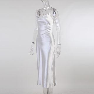 Print Underbust Corset / Spaghetti Strap Draped Midi Sheath Dress