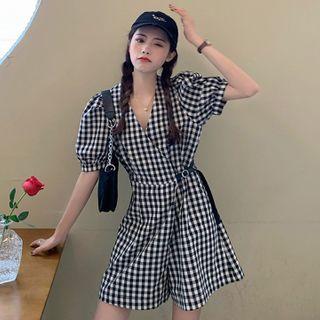 Short-sleeve Plaid Wide-leg Playsuit Gingham - Black & White - One Size